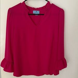 CeCe Hot Pink Ruffle V-Neck Blouse